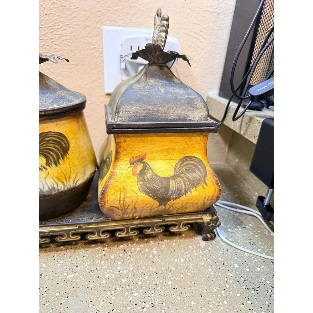 Vintage CBK Country Rustic‎ Kitchen Storage Canister Rooster Set w Tray 18x12x6